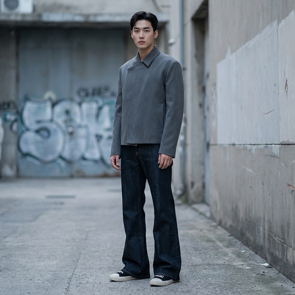 Modern men's flared jeans styling with minimalist aesthetic