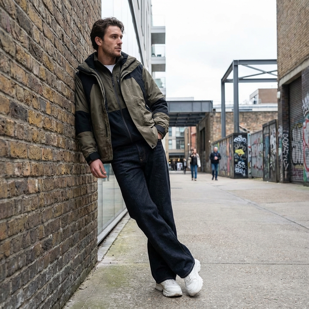 Urban fashion scene styling flared jeans with modern jacket